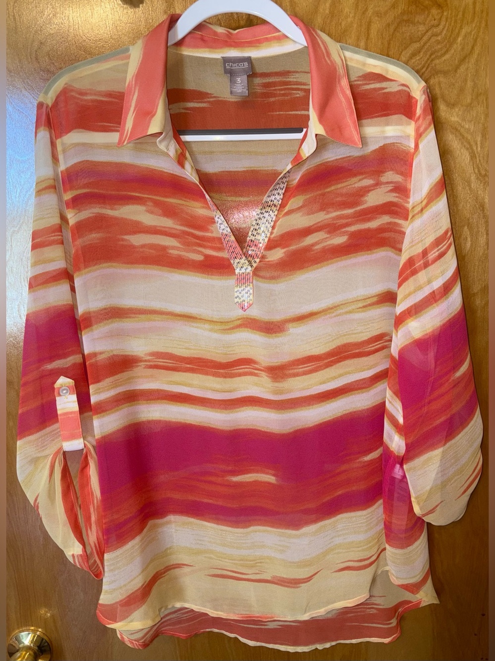 Chico’s orange/pink/yellow print sheer chiffon blouse Size 3 sequin collar trim